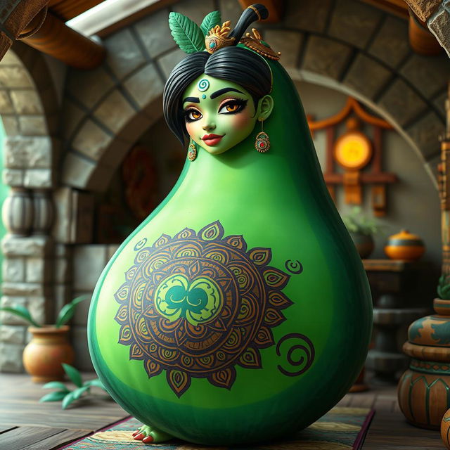 A feminine Aztec avocado character with elegant features and intricate Aztec patterns on its skin, sitting inside a beautifully constructed Aztec house