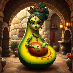 A feminine Aztec avocado character with elegant features and intricate Aztec patterns on its skin, sitting inside a beautifully constructed Aztec house