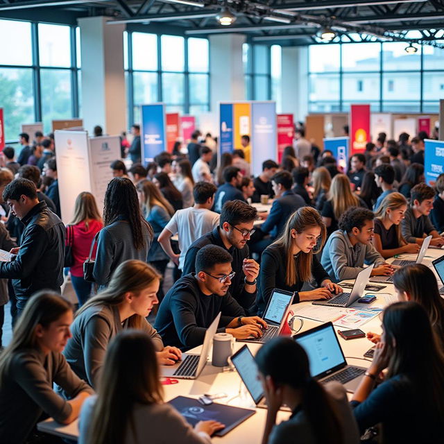 A vibrant careers expo scene filled with enthusiastic young individuals actively exploring job opportunities in the technology sector