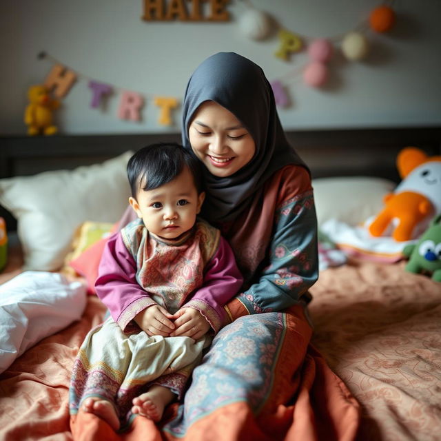 A mother and child sitting on a bed, both wearing traditional Indonesian clothing that is colorful yet modest, with warm and inviting surroundings