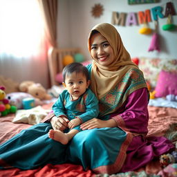 A mother and child sitting on a bed, both wearing traditional Indonesian clothing that is colorful yet modest, with warm and inviting surroundings