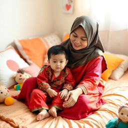 A mother and child sitting on a bed, both wearing traditional Indonesian clothing that is colorful yet modest, with warm and inviting surroundings