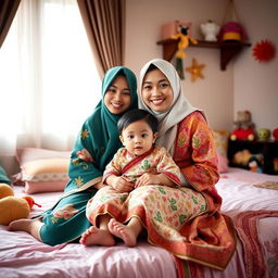 A mother and child sitting on a bed, both wearing traditional Indonesian clothing that is colorful yet modest, with warm and inviting surroundings