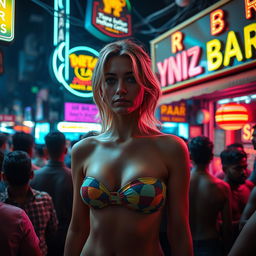 A poignant scene depicting a sad American busty blonde woman wearing a colorful strapless bikini, her expression reflecting a sense of melancholy