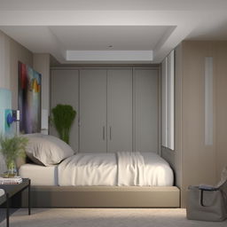 3D image of a modern bedroom interior in a 10ft by 10ft room with three sides occupied by furniture and other decorations. There's a side door placed on the right side of the room.