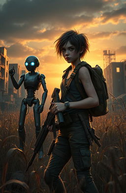 A dramatic scene set in a post-apocalyptic world inspired by The Walking Dead, featuring a resilient girl with short, messy hair wearing rugged survival gear, and a humanoid robot companion standing beside her