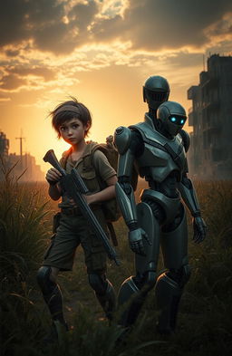 A dramatic scene set in a post-apocalyptic world inspired by The Walking Dead, featuring a resilient girl with short, messy hair wearing rugged survival gear, and a humanoid robot companion standing beside her