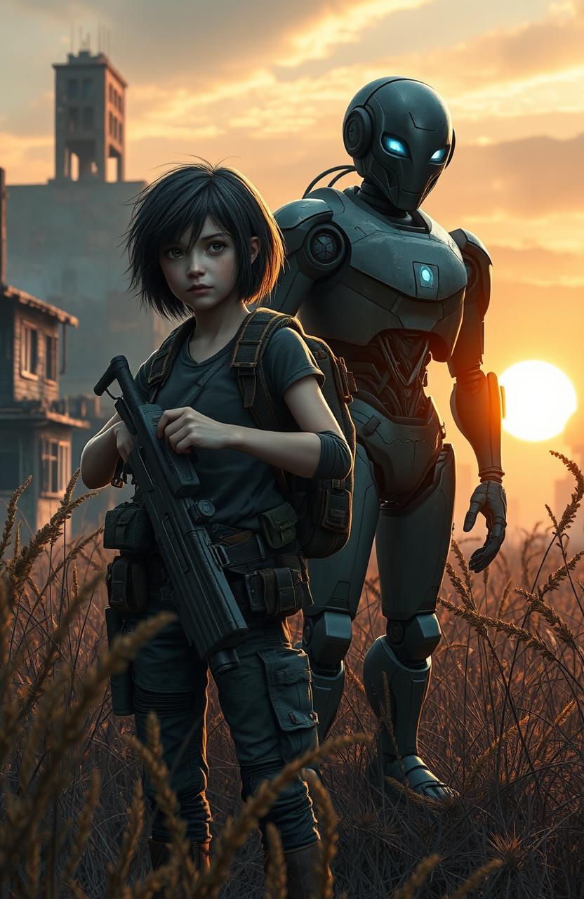 A dramatic scene set in a post-apocalyptic world inspired by The Walking Dead, featuring a resilient girl with short, messy hair wearing rugged survival gear, and a humanoid robot companion standing beside her