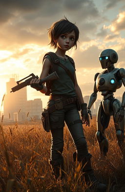 A dramatic scene set in a post-apocalyptic world inspired by The Walking Dead, featuring a resilient girl with short, messy hair wearing rugged survival gear, and a humanoid robot companion standing beside her