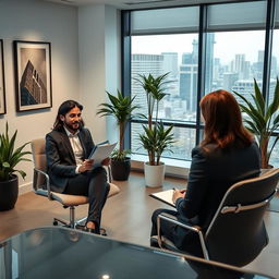 A professional and engaging scene depicting a job interview in a modern office setting
