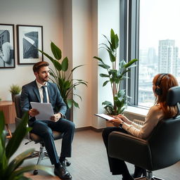 A professional and engaging scene depicting a job interview in a modern office setting