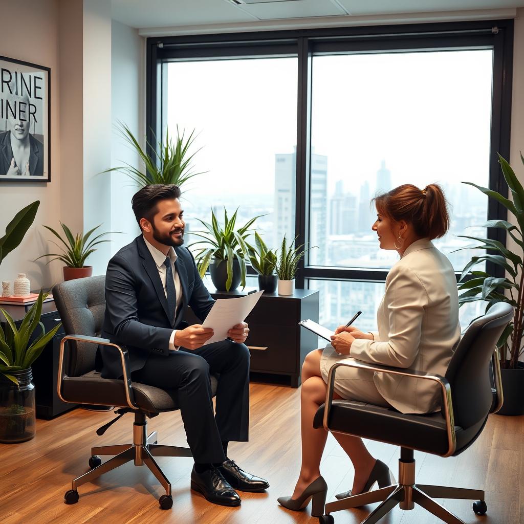 A professional and engaging scene depicting a job interview in a modern office setting