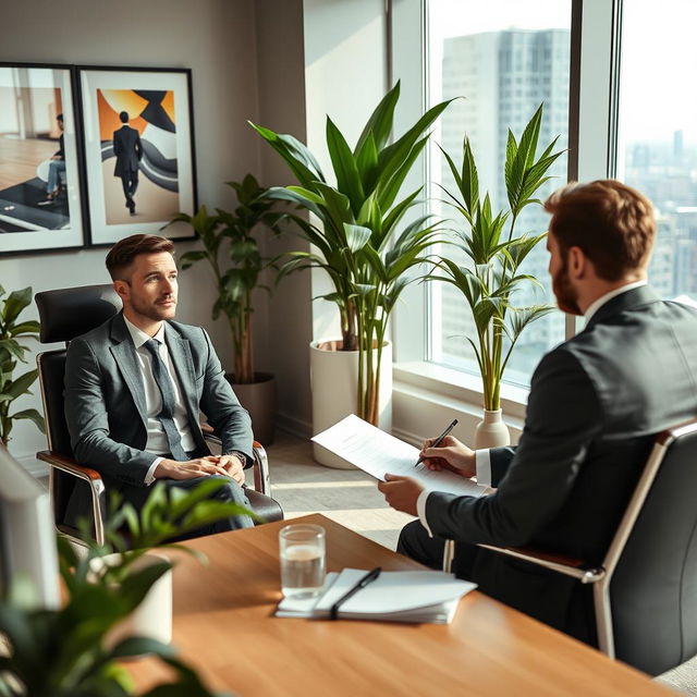 A professional and engaging scene depicting a job interview in a modern office setting