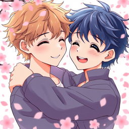 Two teenage anime boys with beautifully defined, clear lips and delicate features, sharing a warm embrace while exchanging gentle smiles
