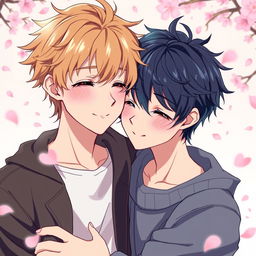 Two teenage anime boys with beautifully defined, clear lips and delicate features, sharing a warm embrace while exchanging gentle smiles