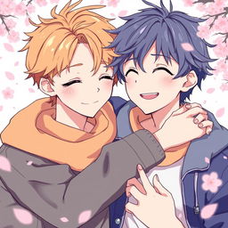 Two teenage anime boys with beautifully defined, clear lips and delicate features, sharing a warm embrace while exchanging gentle smiles