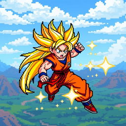 A vibrant and detailed pixel art representation of Goku in his Super Saiyan 3 form