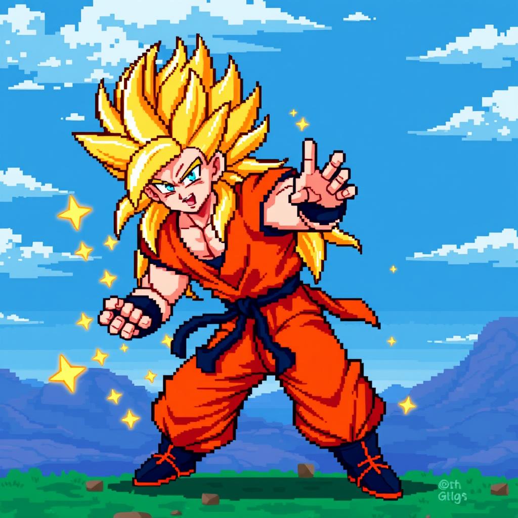 A vibrant and detailed pixel art representation of Goku in his Super Saiyan 3 form