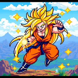 A vibrant and detailed pixel art representation of Goku in his Super Saiyan 3 form