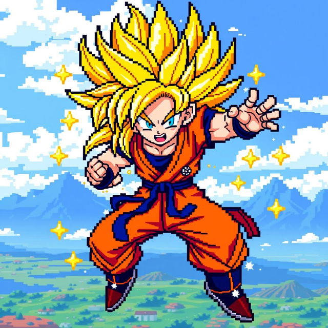 A vibrant and detailed pixel art representation of Goku in his Super Saiyan 3 form