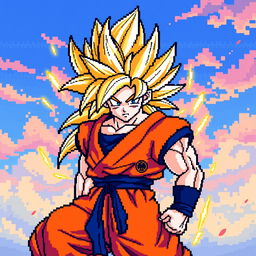 A vibrant pixel art depiction of Goku in his Super Saiyan 3 form, showcasing his iconic long, spiky golden hair, bright orange gi with a blue undershirt, and a dramatic facial expression filled with determination
