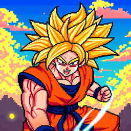 A vibrant pixel art depiction of Goku in his Super Saiyan 3 form, showcasing his iconic long, spiky golden hair, bright orange gi with a blue undershirt, and a dramatic facial expression filled with determination