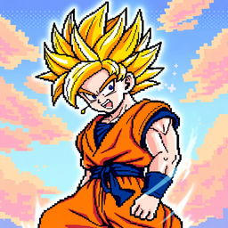 A vibrant pixel art depiction of Goku in his Super Saiyan 3 form, showcasing his iconic long, spiky golden hair, bright orange gi with a blue undershirt, and a dramatic facial expression filled with determination