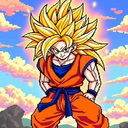 A vibrant pixel art depiction of Goku in his Super Saiyan 3 form, showcasing his iconic long, spiky golden hair, bright orange gi with a blue undershirt, and a dramatic facial expression filled with determination