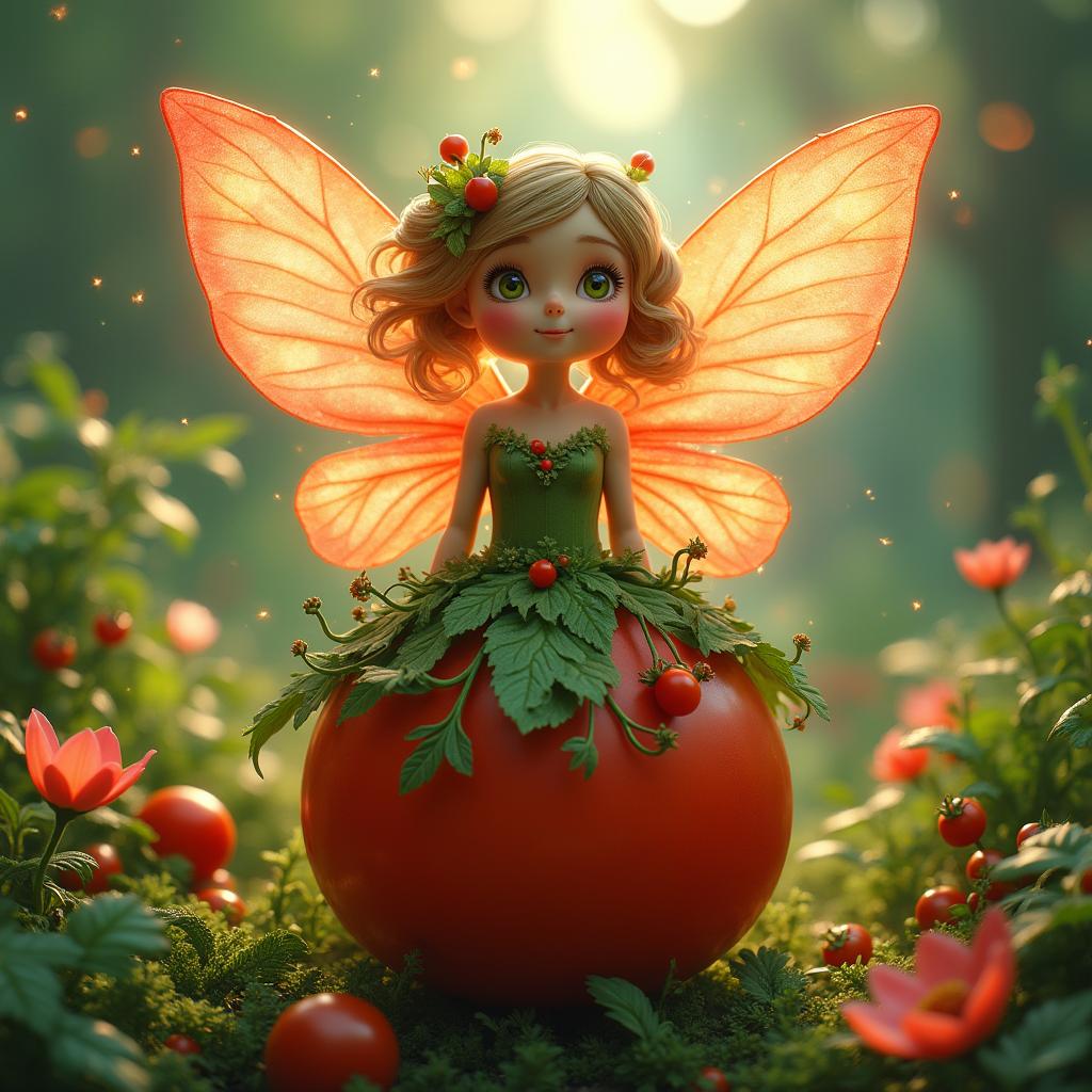 A whimsical fairy tomato queen, depicted as an enchanting figure with delicate, translucent wings that shimmer with shades of red and green reminiscent of ripe tomatoes