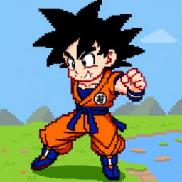 A colorful pixel art representation of Goku, capturing his classic appearance with spiky black hair, wearing his iconic orange gi adorned with the blue undershirt and belt, showcasing the Kame Symbol on his chest