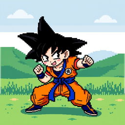 A colorful pixel art representation of Goku, capturing his classic appearance with spiky black hair, wearing his iconic orange gi adorned with the blue undershirt and belt, showcasing the Kame Symbol on his chest