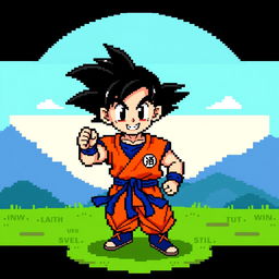 A colorful pixel art representation of Goku, capturing his classic appearance with spiky black hair, wearing his iconic orange gi adorned with the blue undershirt and belt, showcasing the Kame Symbol on his chest