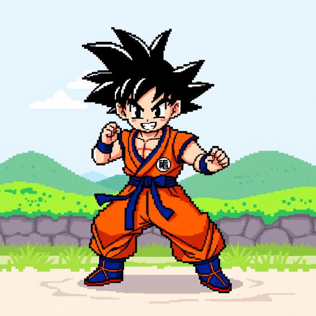 A colorful pixel art representation of Goku, capturing his classic appearance with spiky black hair, wearing his iconic orange gi adorned with the blue undershirt and belt, showcasing the Kame Symbol on his chest