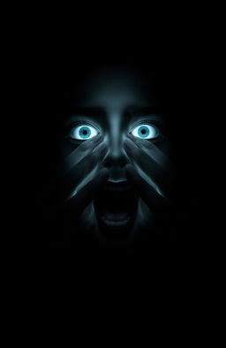An eerie scene dominated by a black background, showcasing a pale face illuminated by a ghostly light
