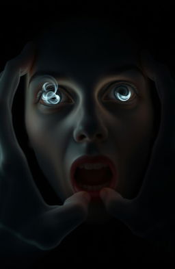 An eerie scene dominated by a black background, showcasing a pale face illuminated by a ghostly light
