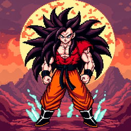 A striking pixel art representation of Goku in his Super Saiyan 4 form, highlighting his distinctive features like the long, wild black hair and the red fur covering his upper body