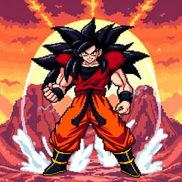 A striking pixel art representation of Goku in his Super Saiyan 4 form, highlighting his distinctive features like the long, wild black hair and the red fur covering his upper body