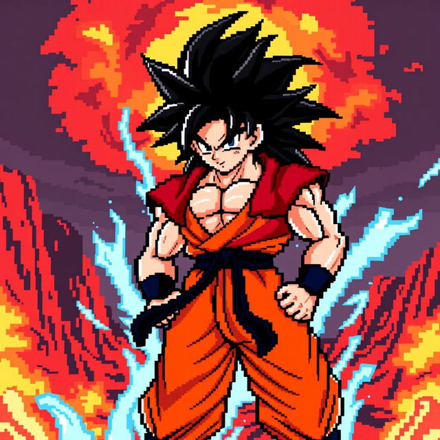 A striking pixel art representation of Goku in his Super Saiyan 4 form, highlighting his distinctive features like the long, wild black hair and the red fur covering his upper body