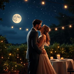 A romantic scene depicting a couple sharing their first kiss under a starry night sky