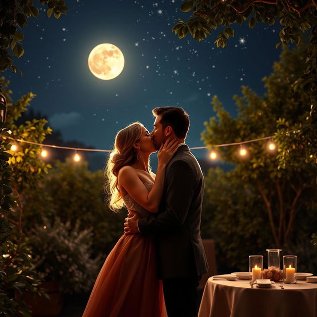 A romantic scene depicting a couple sharing their first kiss under a starry night sky