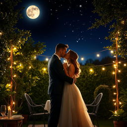 A romantic scene depicting a couple sharing their first kiss under a starry night sky