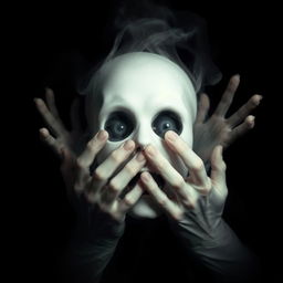 A chilling horror scene set against a stark black background, featuring a pale, ghostly face at the center