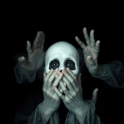 A chilling horror scene set against a stark black background, featuring a pale, ghostly face at the center