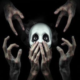 A chilling horror scene set against a stark black background, featuring a pale, ghostly face at the center