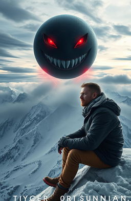 A dramatic book cover featuring a 30-year-old man sitting at the edge of a snowy mountain, dressed in warm winter clothing