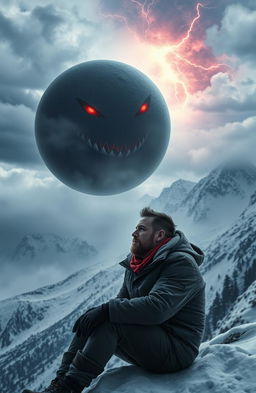 A dramatic book cover featuring a 30-year-old man sitting at the edge of a snowy mountain, dressed in warm winter clothing