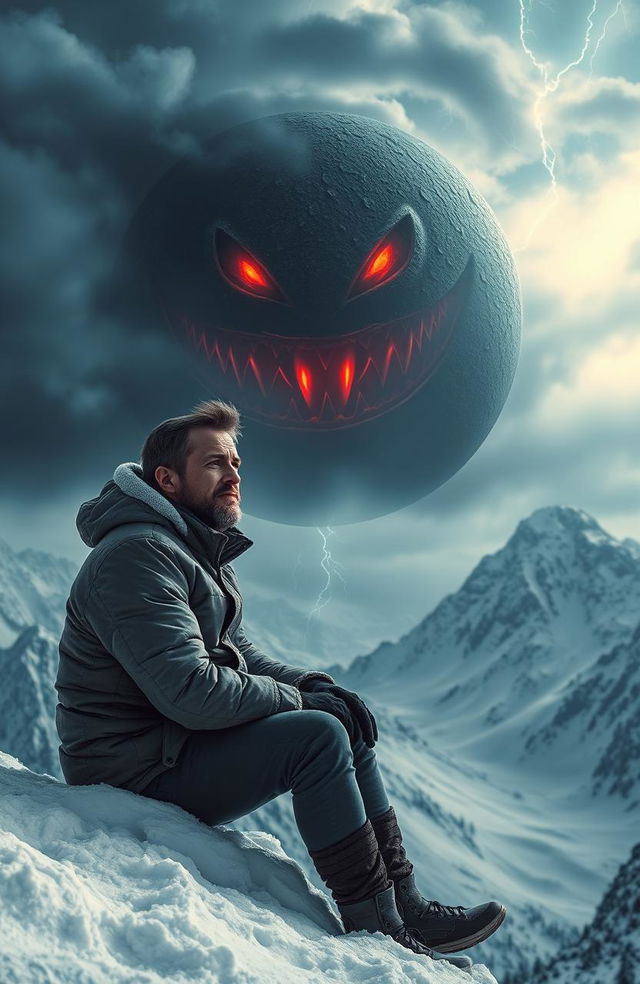 A dramatic book cover featuring a 30-year-old man sitting at the edge of a snowy mountain, dressed in warm winter clothing