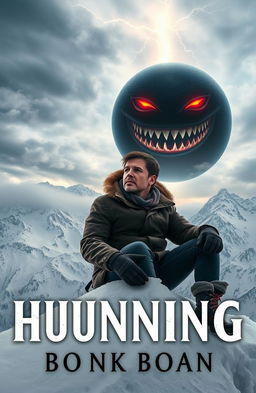 A dramatic book cover featuring a 30-year-old man sitting at the edge of a snowy mountain, dressed in warm winter clothing