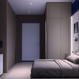 3D image of a modern bedroom interior in a 10ft by 10ft room with three sides occupied by furniture and other decorations. There's a side door placed on the right side of the room.