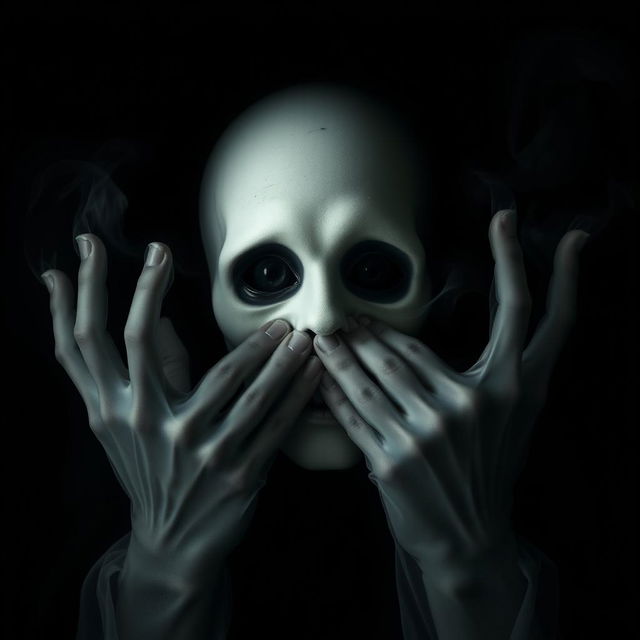 A horror-themed image with a dominant black background, creating a dark and eerie atmosphere